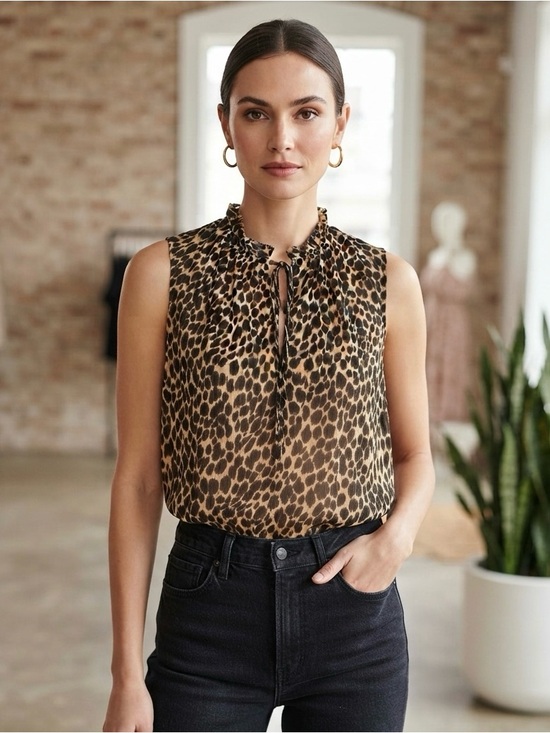 J. Crew Tops - J.Crew Factory Leopard Sleeveless Ruffle Tie-Neck Top Black/Brown Size M